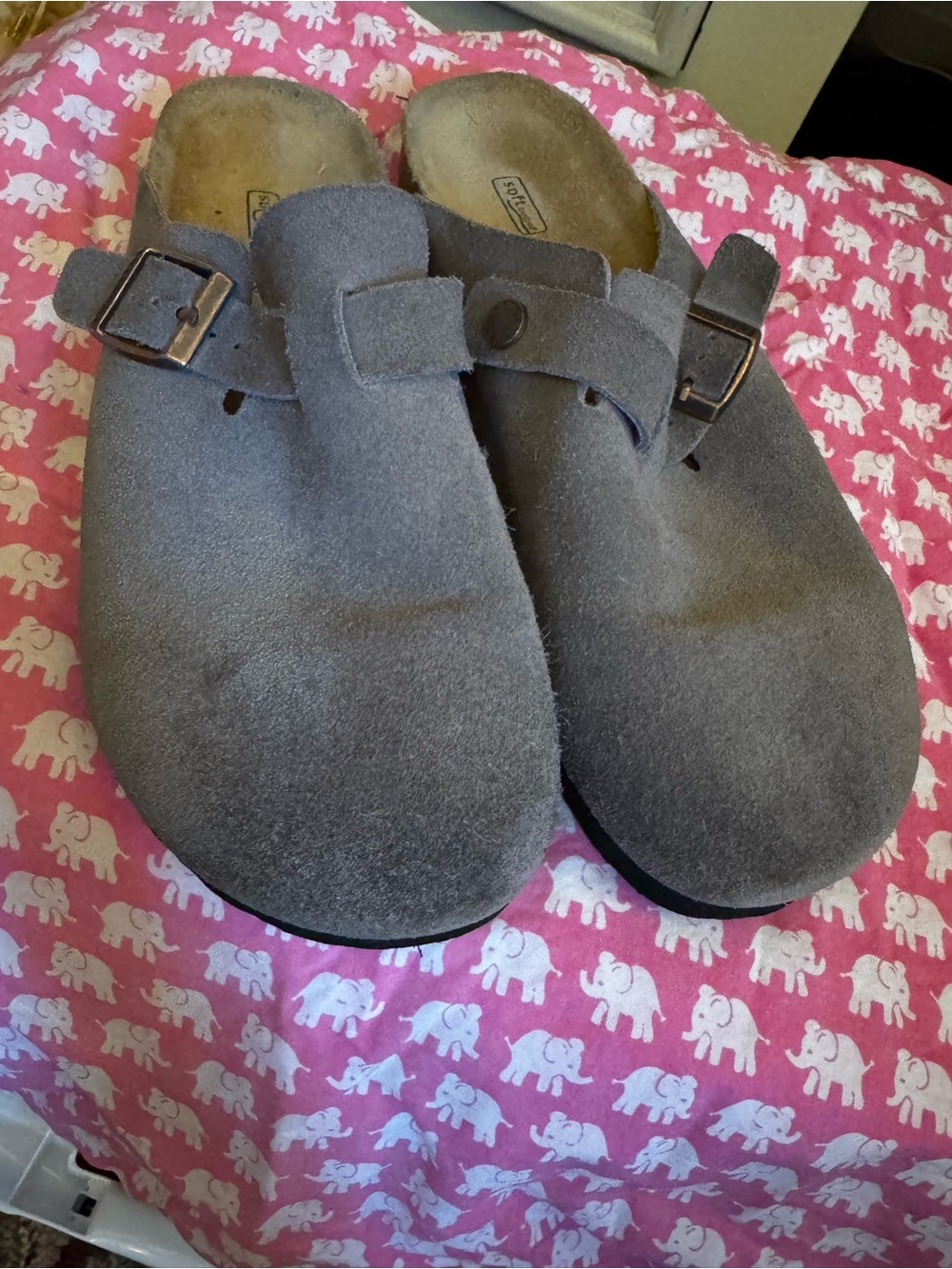 Birkenstock Gray Suede Boston Clogs with Adjustable Buckle